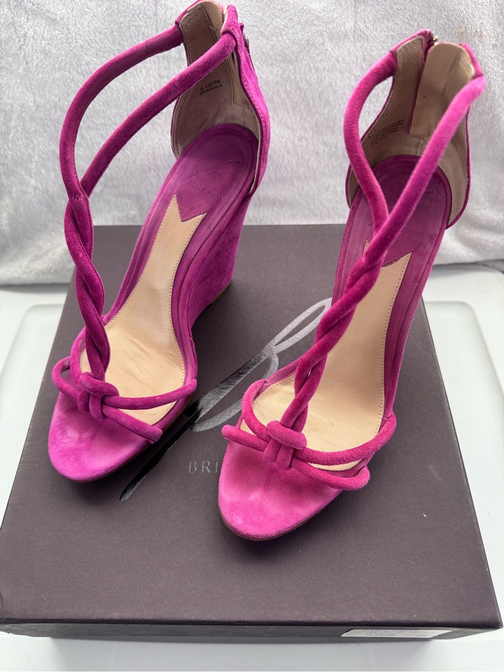 Brian Atwood Fuchsia Suede Twist-Strap Wedge Sandals